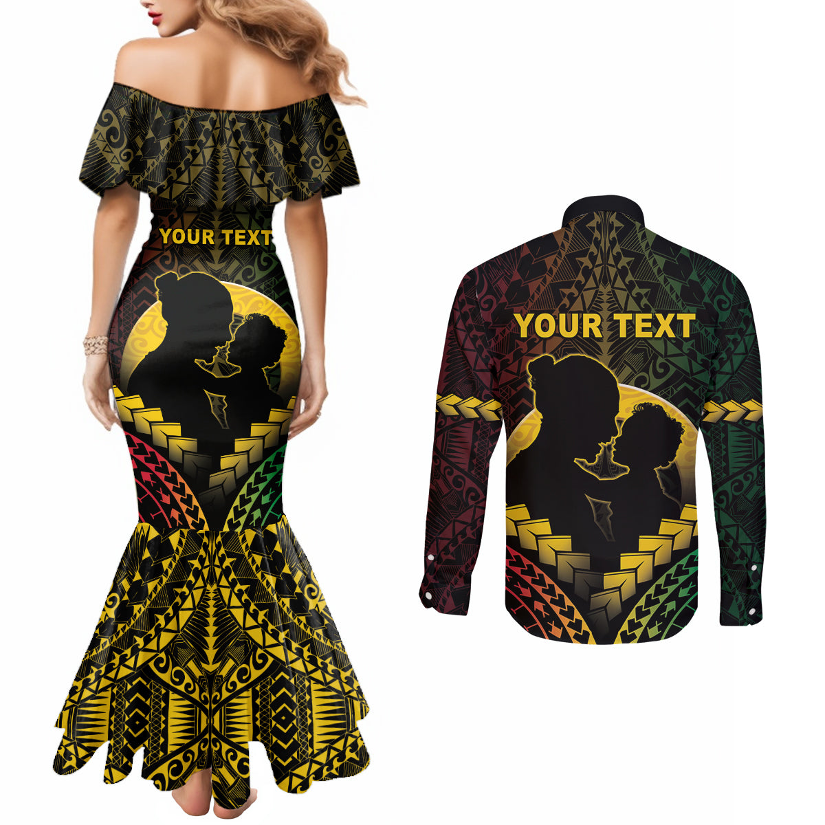 Personalised Vanuatu Happy Father's Day Couples Matching Mermaid Dress and Long Sleeve Button Shirt Mi Lavem Yu Papa Polynesian Tribal
