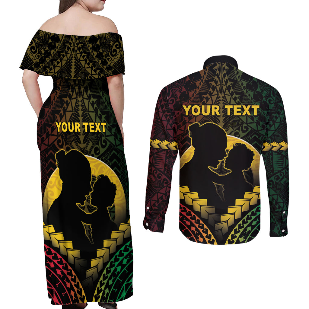 Personalised Vanuatu Happy Father's Day Couples Matching Off Shoulder Maxi Dress and Long Sleeve Button Shirt Mi Lavem Yu Papa Polynesian Tribal