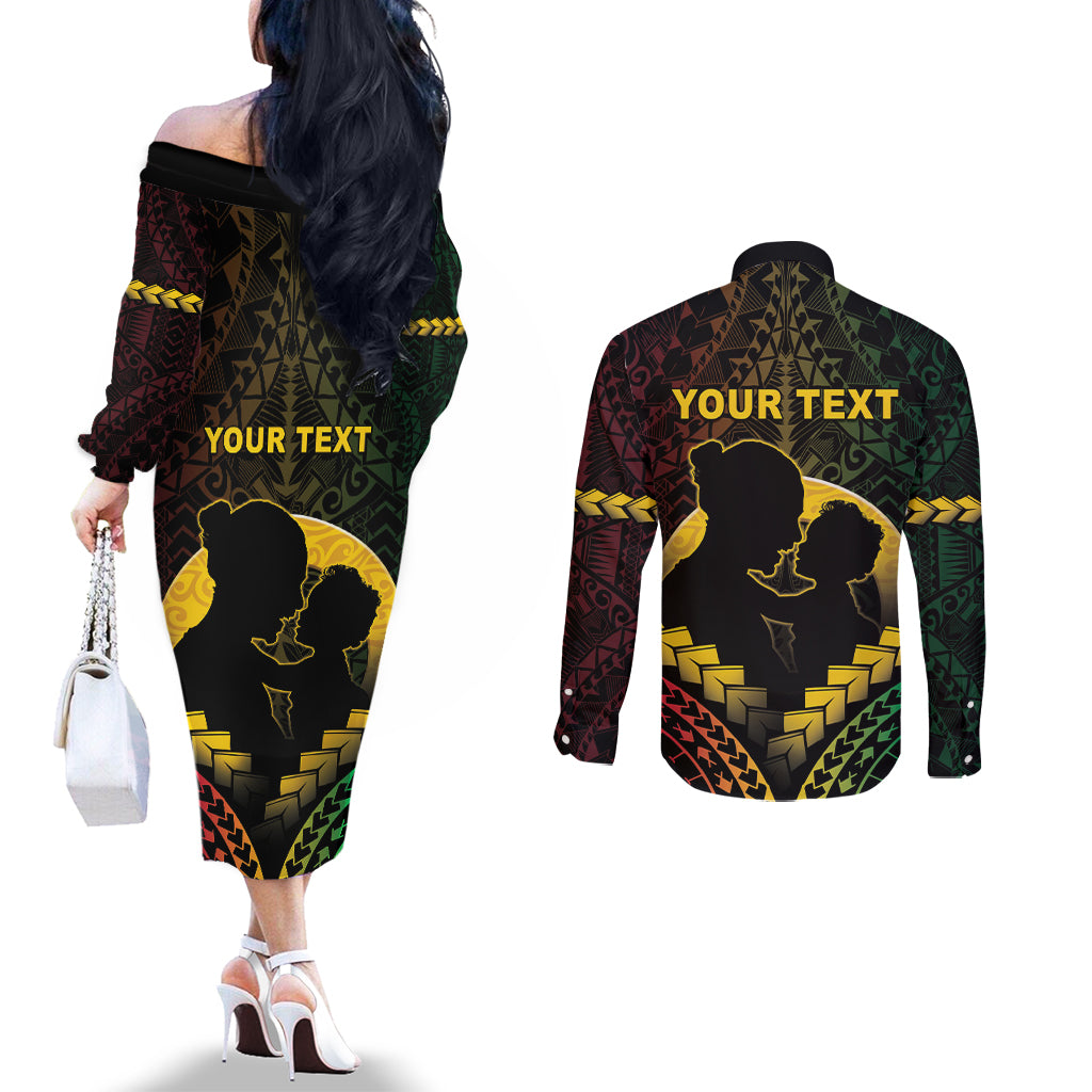 Personalised Vanuatu Happy Father's Day Couples Matching Off The Shoulder Long Sleeve Dress and Long Sleeve Button Shirt Mi Lavem Yu Papa Polynesian Tribal