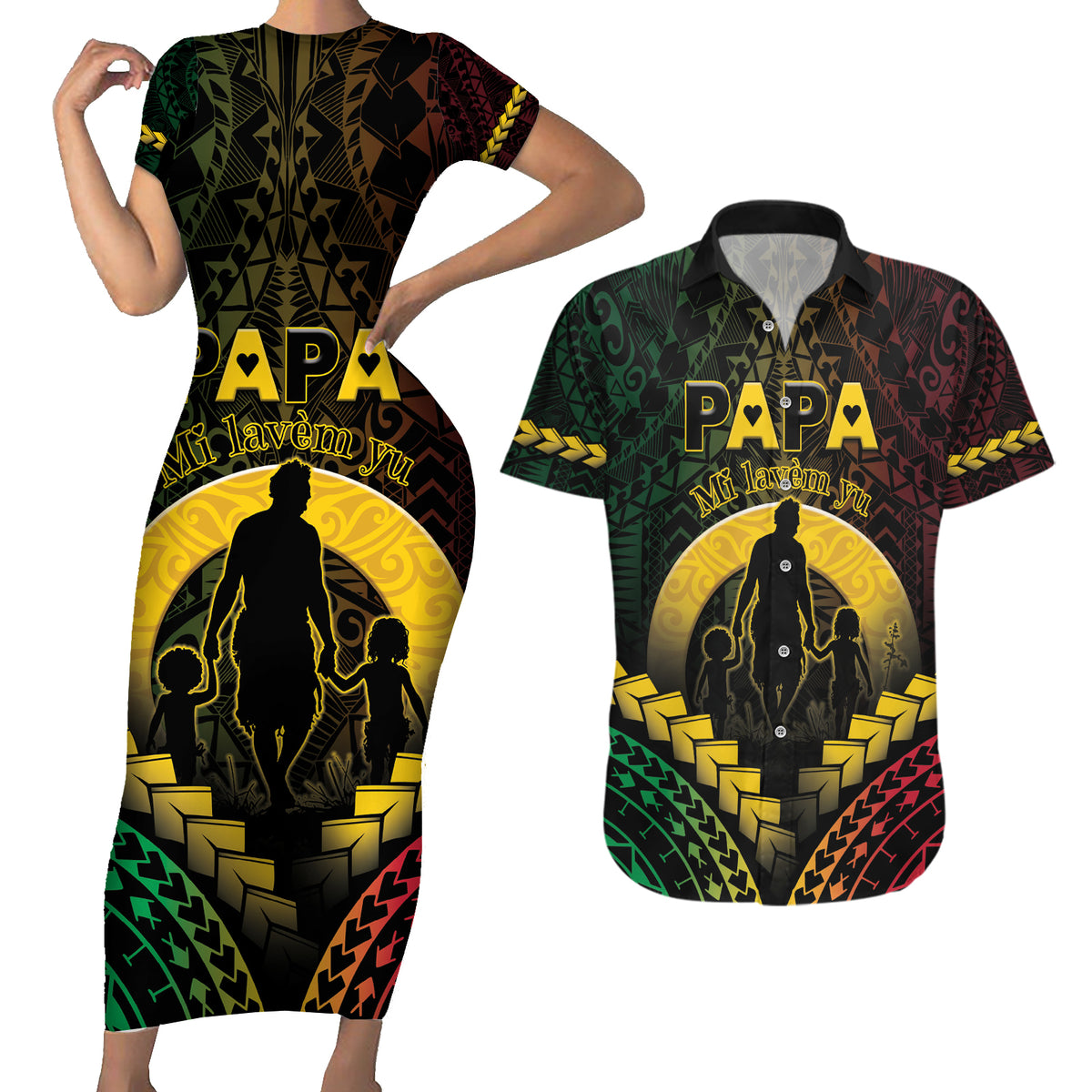 Personalised Vanuatu Happy Father's Day Couples Matching Short Sleeve Bodycon Dress and Hawaiian Shirt Mi Lavem Yu Papa Polynesian Tribal LT05 Reggae - Polynesian Pride