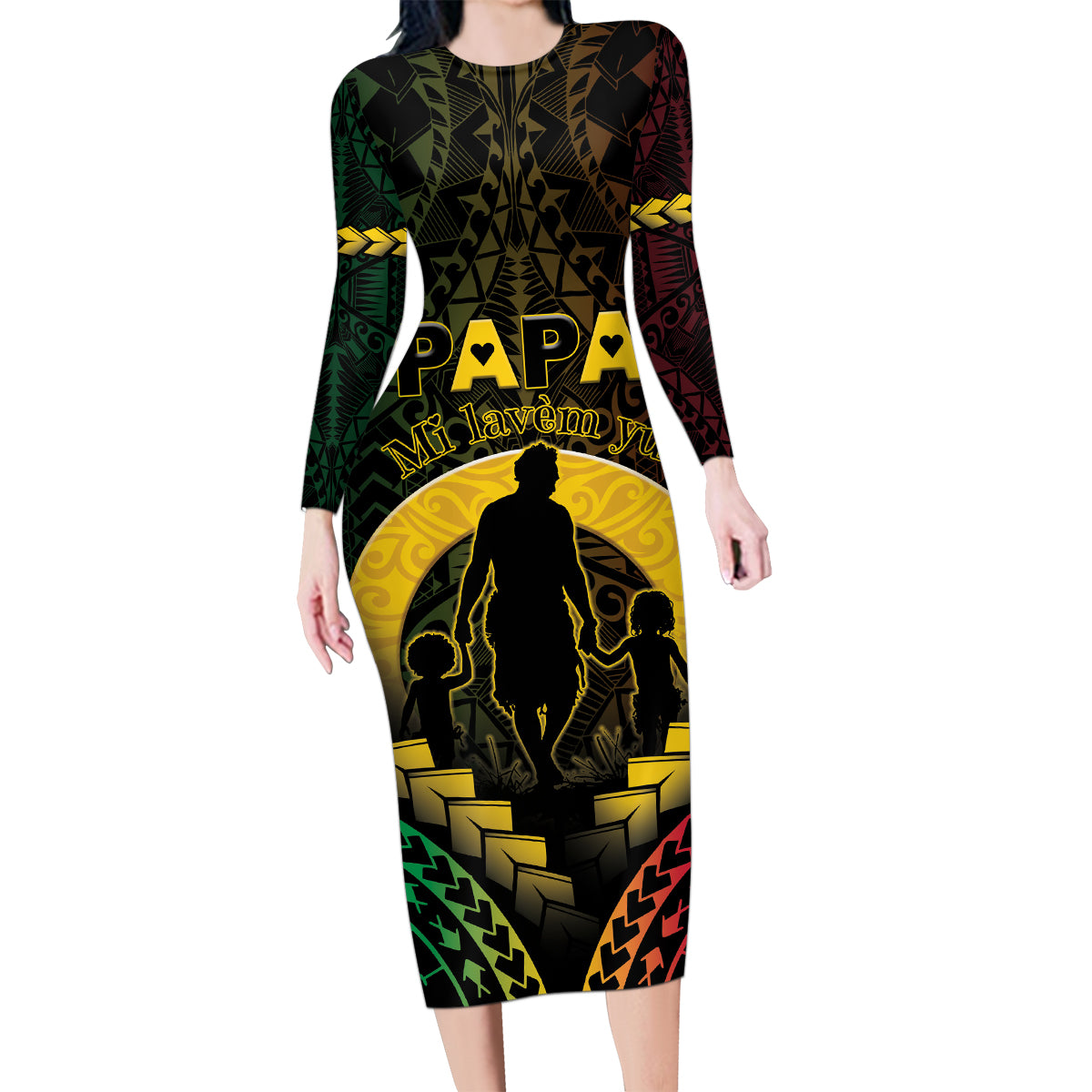 Personalised Vanuatu Happy Father's Day Family Matching Long Sleeve Bodycon Dress and Hawaiian Shirt Mi Lavem Yu Papa Polynesian Tribal LT05 Mom's Dress Reggae - Polynesian Pride