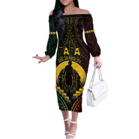 Personalised Vanuatu Happy Father's Day Family Matching Off The Shoulder Long Sleeve Dress and Hawaiian Shirt Mi Lavem Yu Papa Polynesian Tribal LT05 Mom's Dress Reggae - Polynesian Pride