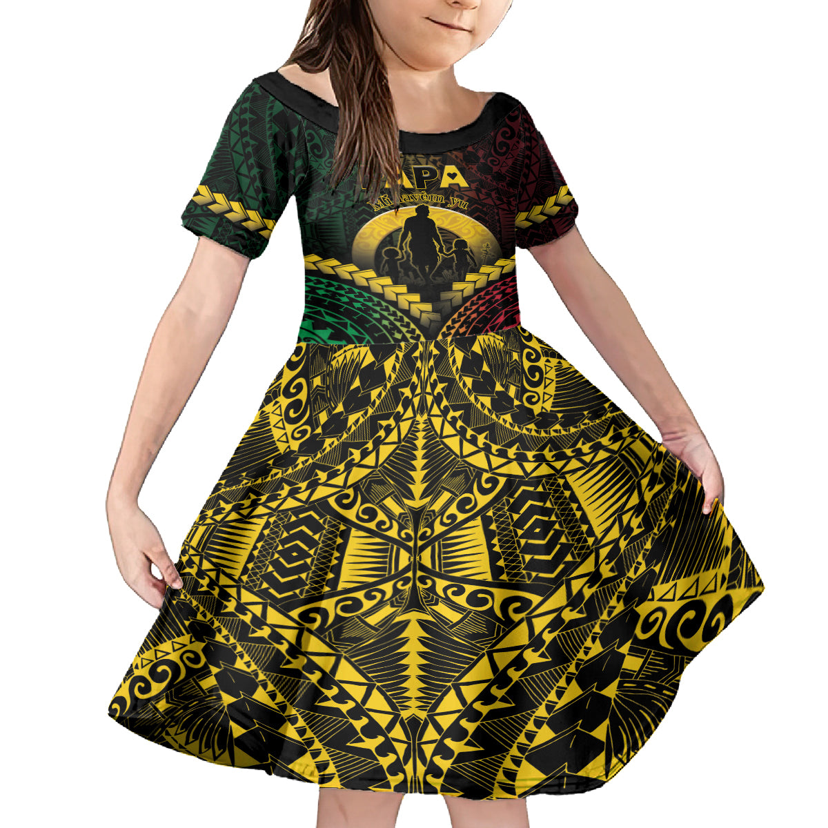 Personalised Vanuatu Happy Father's Day Family Matching Off Shoulder Short Dress and Hawaiian Shirt Mi Lavem Yu Papa Polynesian Tribal LT05 Daughter's Dress Reggae - Polynesian Pride