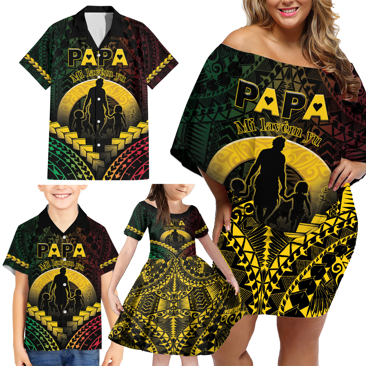 Personalised Vanuatu Happy Father's Day Family Matching Off Shoulder Short Dress and Hawaiian Shirt Mi Lavem Yu Papa Polynesian Tribal LT05 - Polynesian Pride