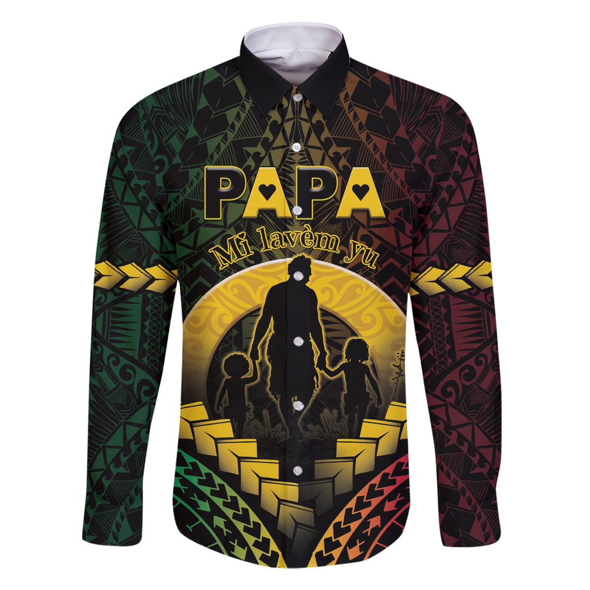 Personalised Vanuatu Happy Father's Day Family Matching Off Shoulder Short Dress and Hawaiian Shirt Mi Lavem Yu Papa Polynesian Tribal LT05 Dad's Shirt - Long Sleeve Reggae - Polynesian Pride