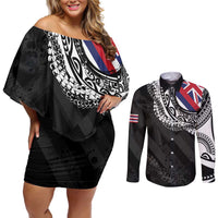 Hawaii Flag Day Couples Matching Off Shoulder Short Dress and Long Sleeve Button Shirt Hawaiian Maile Lei