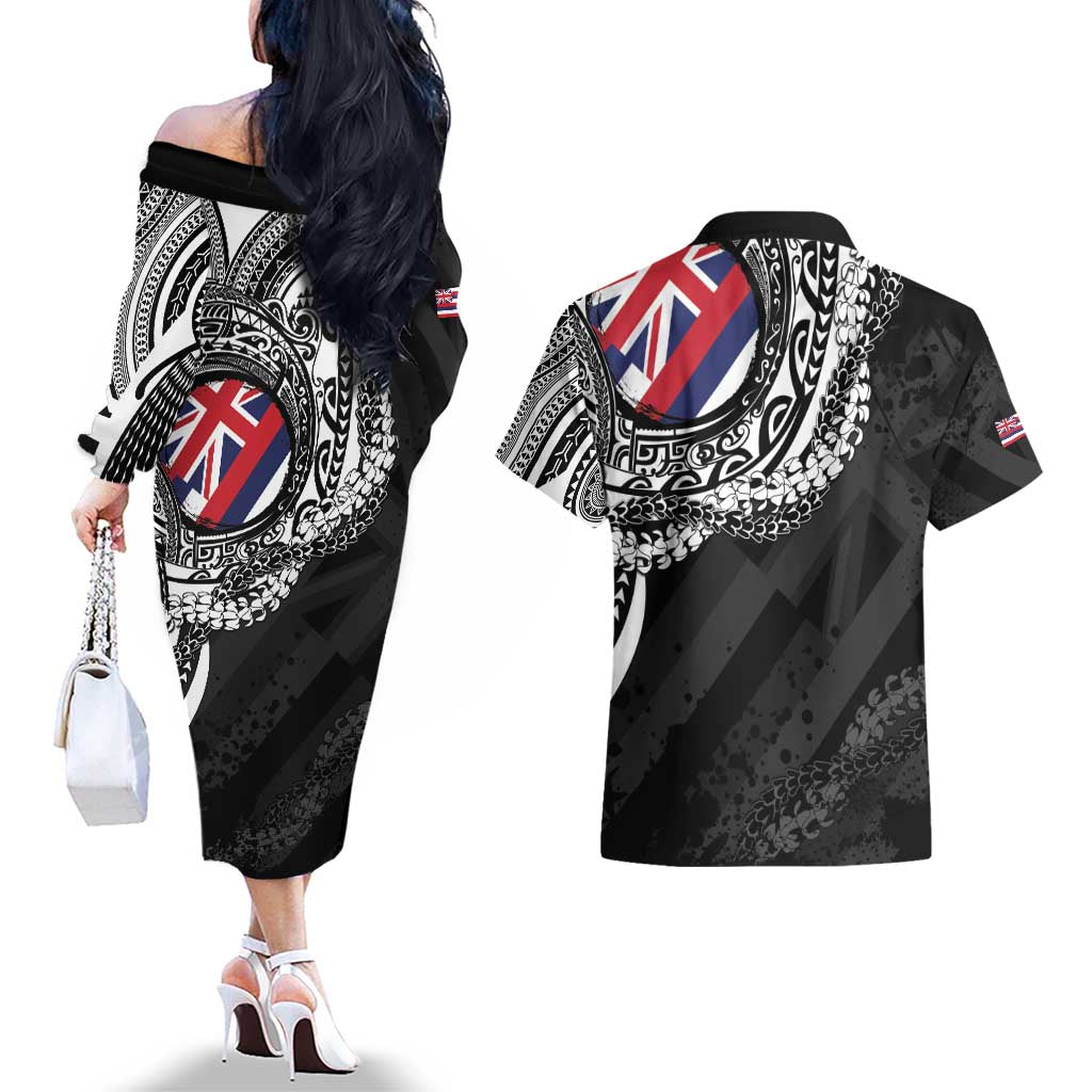 Hawaii Flag Day Couples Matching Off The Shoulder Long Sleeve Dress and Hawaiian Shirt Hawaiian Maile Lei