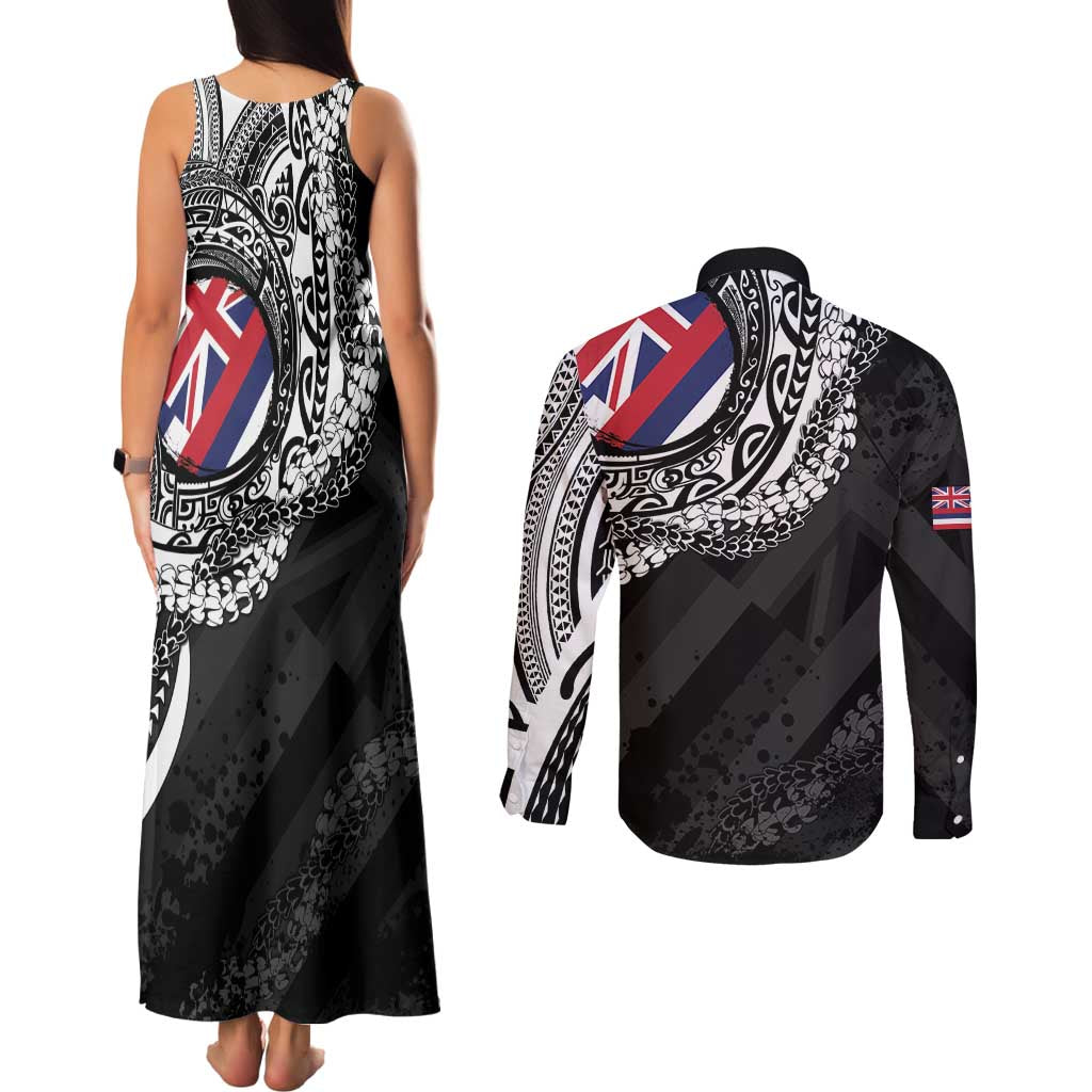 Hawaii Flag Day Couples Matching Tank Maxi Dress and Long Sleeve Button Shirt Hawaiian Maile Lei