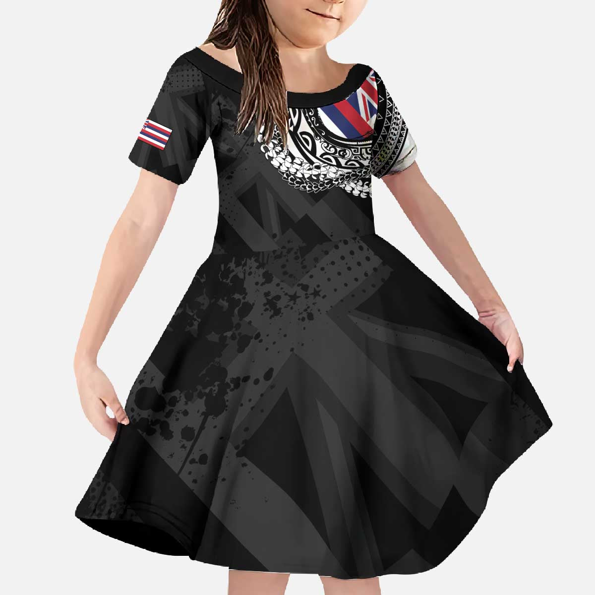 Hawaii Flag Day Family Matching Off The Shoulder Long Sleeve Dress and Hawaiian Shirt Hawaiian Maile Lei LT05 Daughter's Dress Black - Polynesian Pride