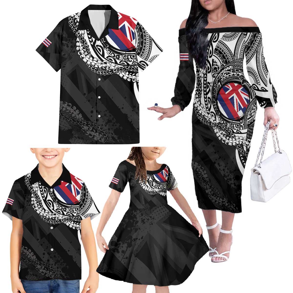 Hawaii Flag Day Family Matching Off The Shoulder Long Sleeve Dress and Hawaiian Shirt Hawaiian Maile Lei LT05 - Polynesian Pride