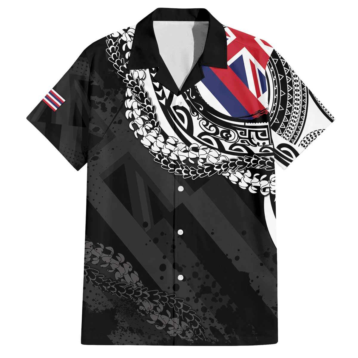 Hawaii Flag Day Family Matching Off The Shoulder Long Sleeve Dress and Hawaiian Shirt Hawaiian Maile Lei LT05 Dad's Shirt - Short Sleeve Black - Polynesian Pride