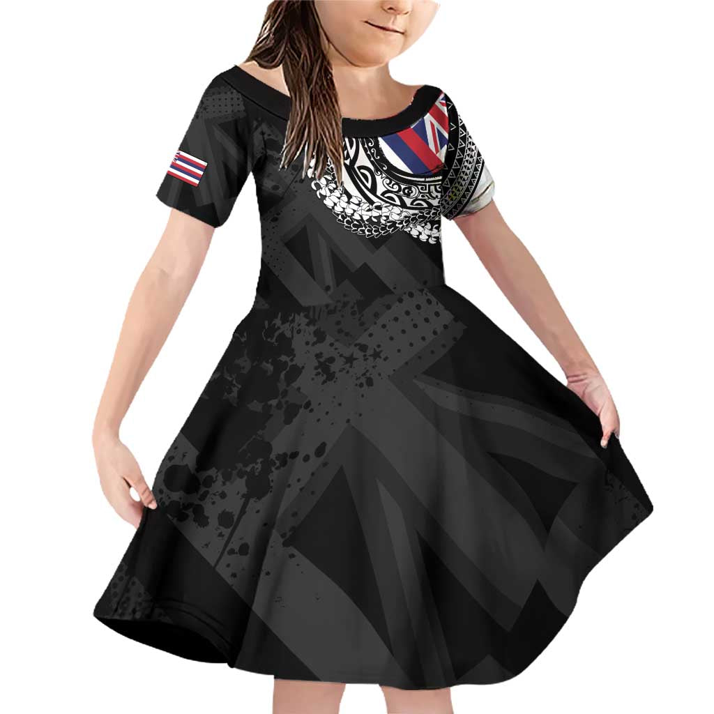 Hawaii Flag Day Family Matching Off Shoulder Short Dress and Hawaiian Shirt Hawaiian Maile Lei LT05 Daughter's Dress Black - Polynesian Pride