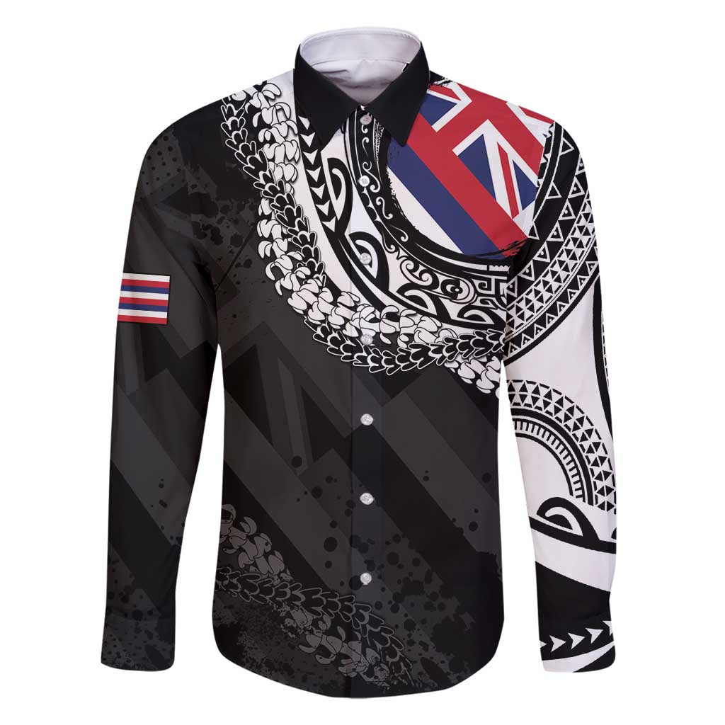 Hawaii Flag Day Family Matching Tank Maxi Dress and Hawaiian Shirt Hawaiian Maile Lei LT05 Dad's Shirt - Long Sleeve Black - Polynesian Pride