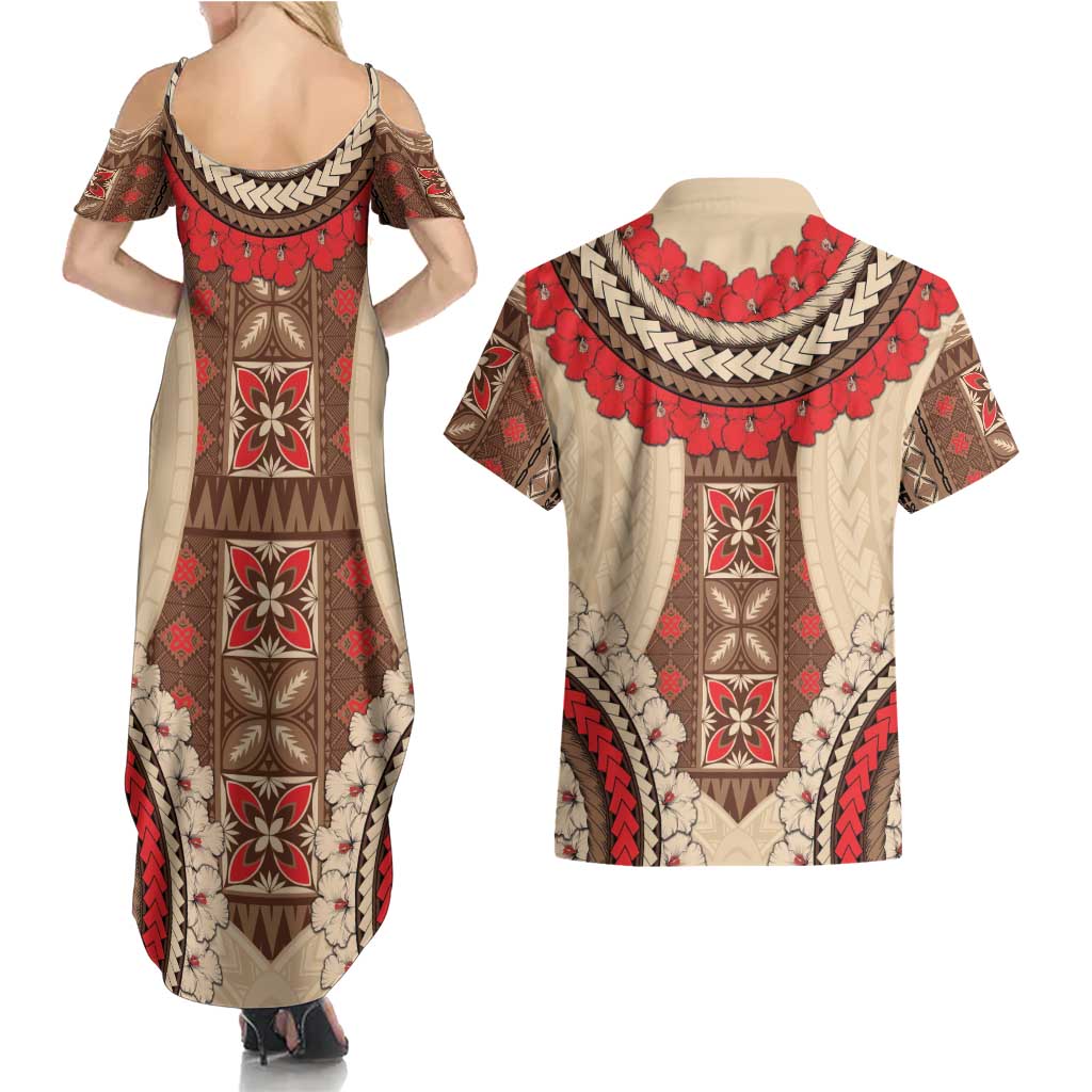 Samoa Language Week Couples Matching Summer Maxi Dress and Hawaiian Shirt Samoan Motif With Red Hibiscus