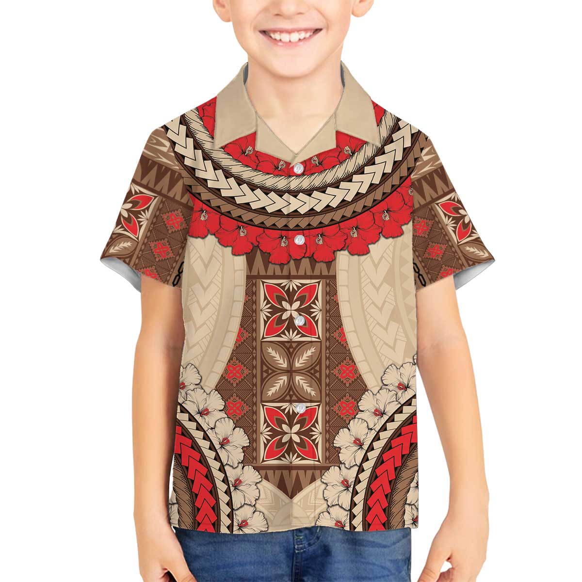 Samoa Language Week Family Matching Off Shoulder Short Dress and Hawaiian Shirt Samoan Motif With Red Hibiscus