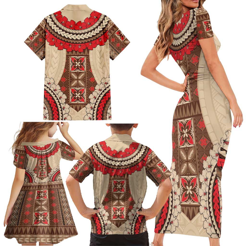 Samoa Language Week Family Matching Short Sleeve Bodycon Dress and Hawaiian Shirt Samoan Motif With Red Hibiscus