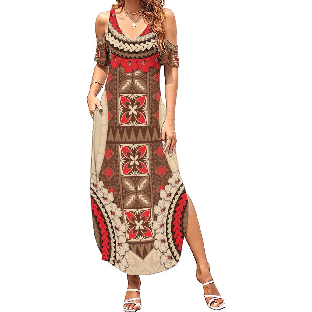 Samoa Language Week Family Matching Summer Maxi Dress and Hawaiian Shirt Samoan Motif With Red Hibiscus