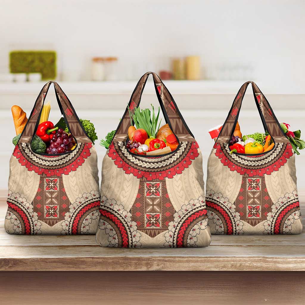 Samoa Language Week Grocery Bag Samoan Motif With Red Hibiscus