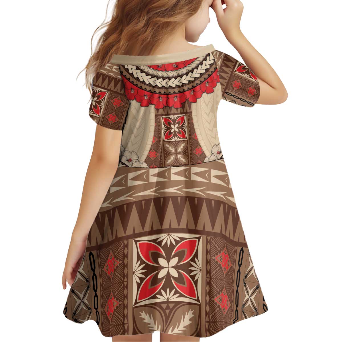 Samoa Language Week Kid Short Sleeve Dress Samoan Motif With Red Hibiscus
