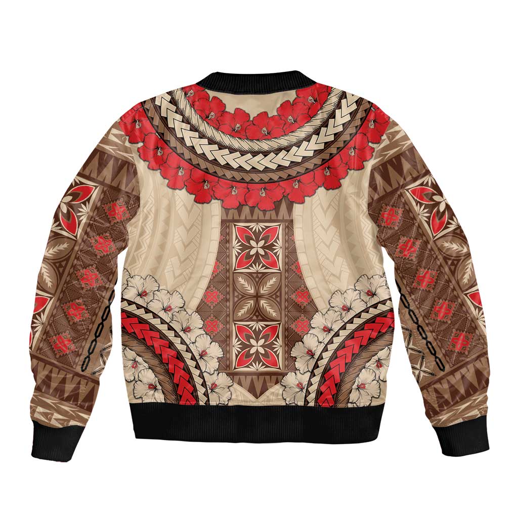 Samoa Language Week Sleeve Zip Bomber Jacket Samoan Motif With Red Hibiscus