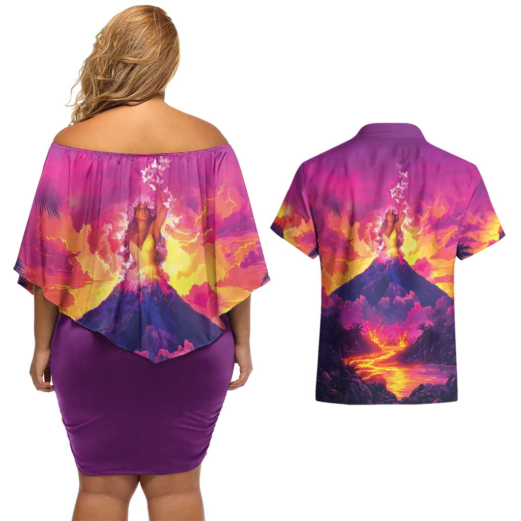Hawaii Kilauea Volcano Couples Matching Off Shoulder Short Dress and Hawaiian Shirt There Is Pele Goddess Of The Volcano LT05 - Polynesian Pride