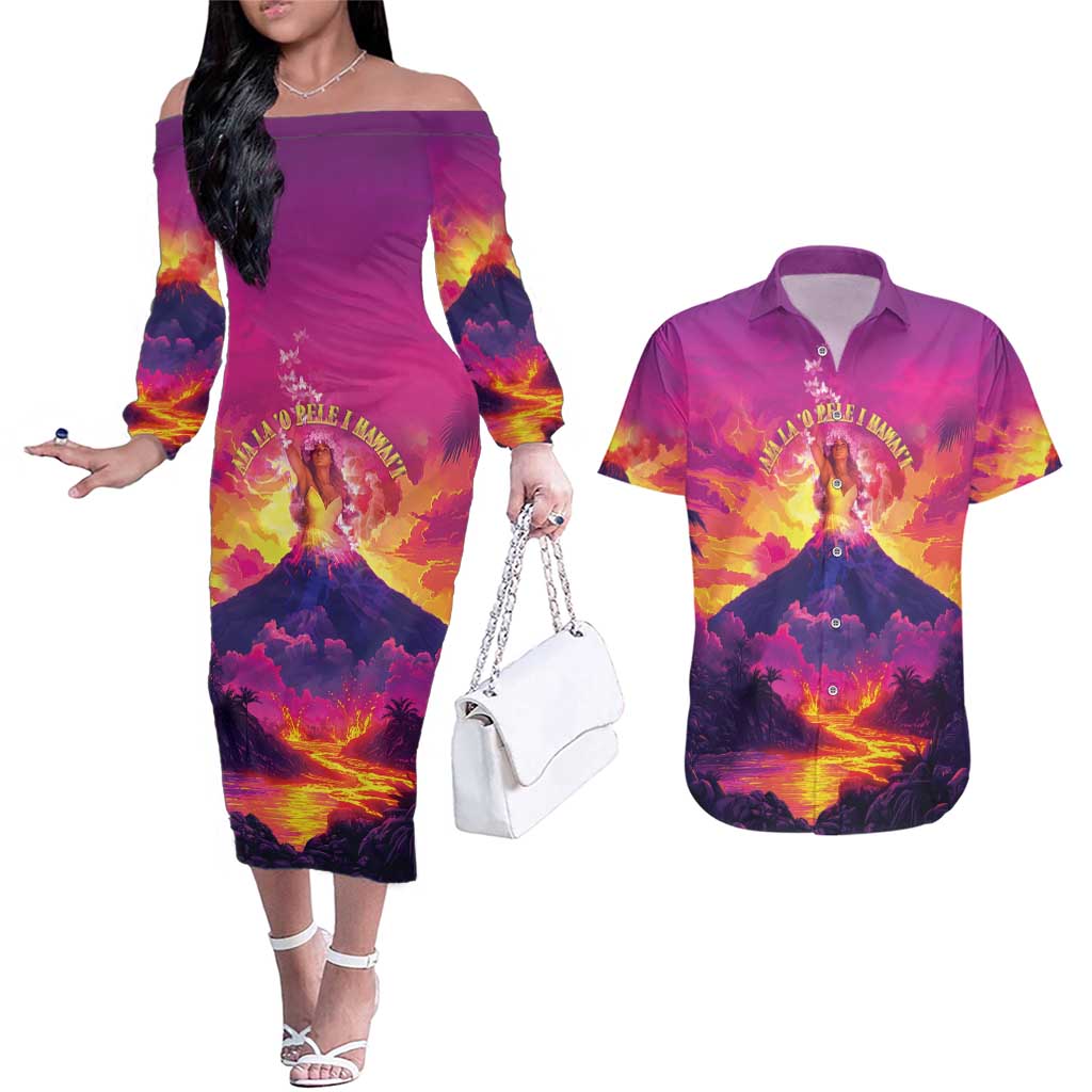 Hawaii Kilauea Volcano Couples Matching Off The Shoulder Long Sleeve Dress and Hawaiian Shirt There Is Pele Goddess Of The Volcano LT05 Purple - Polynesian Pride
