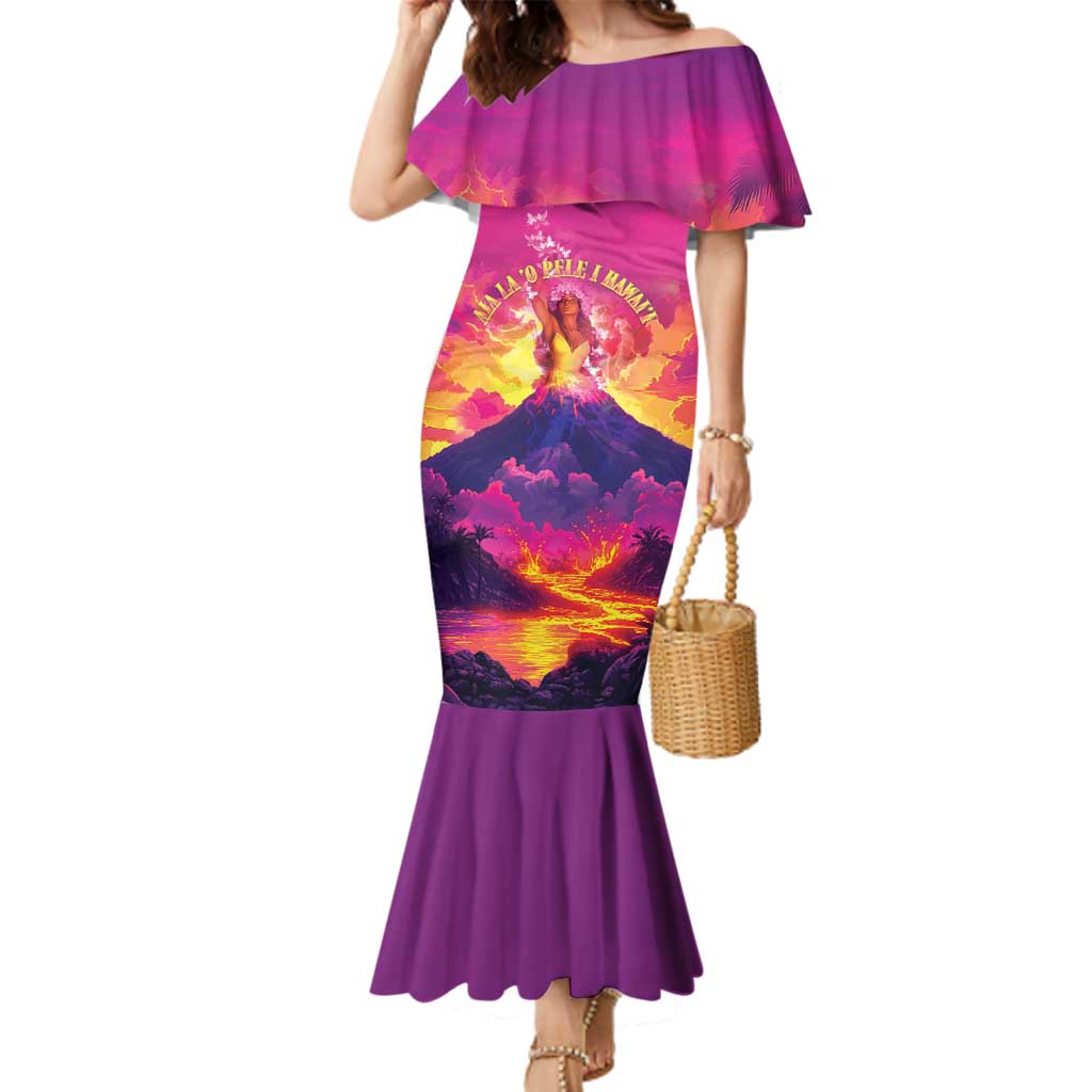 Hawaii Kilauea Volcano Family Matching Mermaid Dress and Hawaiian Shirt There Is Pele Goddess Of The Volcano LT05 Mom's Dress Purple - Polynesian Pride