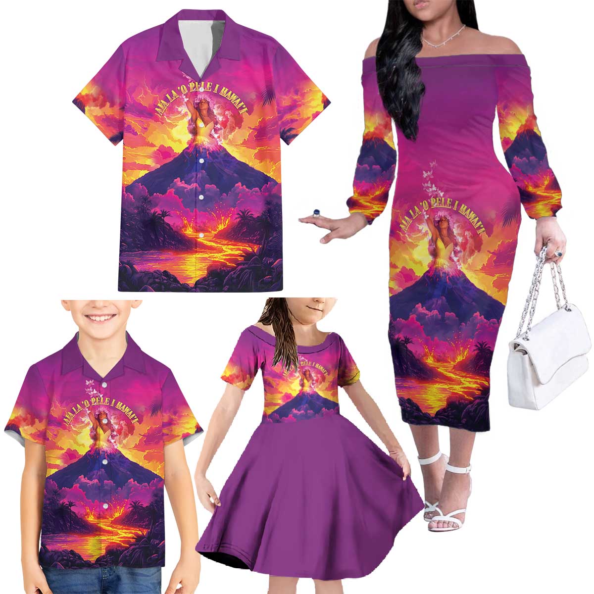 Hawaii Kilauea Volcano Family Matching Off The Shoulder Long Sleeve Dress and Hawaiian Shirt There Is Pele Goddess Of The Volcano LT05 - Polynesian Pride