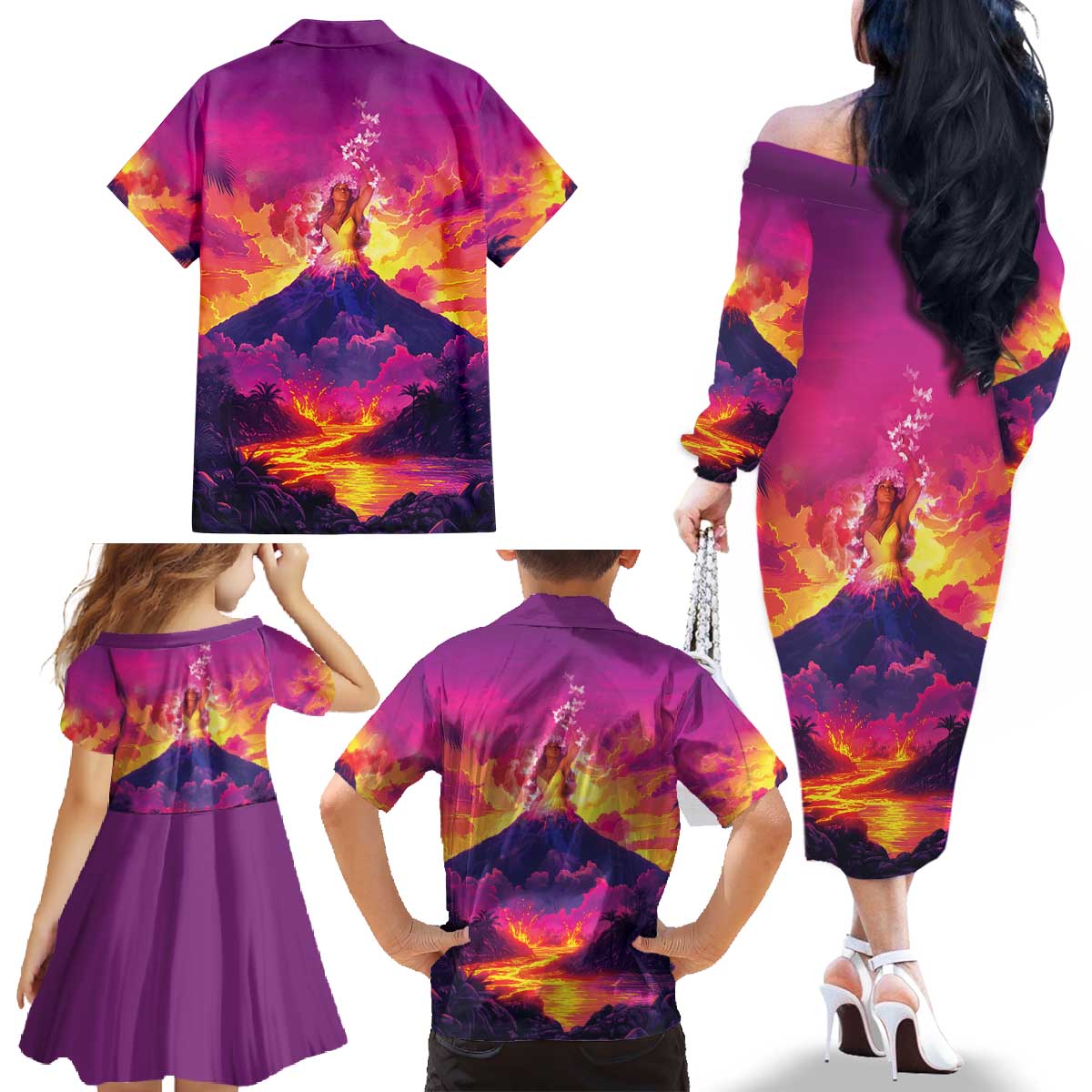 Hawaii Kilauea Volcano Family Matching Off The Shoulder Long Sleeve Dress and Hawaiian Shirt There Is Pele Goddess Of The Volcano LT05 - Polynesian Pride
