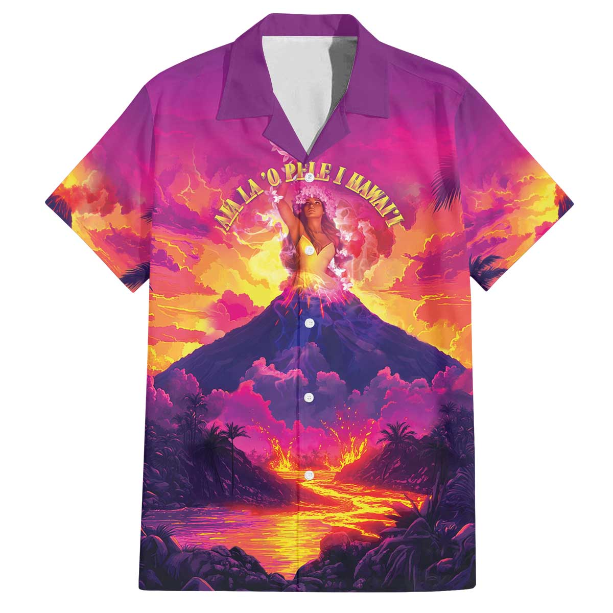 Hawaii Kilauea Volcano Family Matching Off The Shoulder Long Sleeve Dress and Hawaiian Shirt There Is Pele Goddess Of The Volcano LT05 Dad's Shirt - Short Sleeve Purple - Polynesian Pride