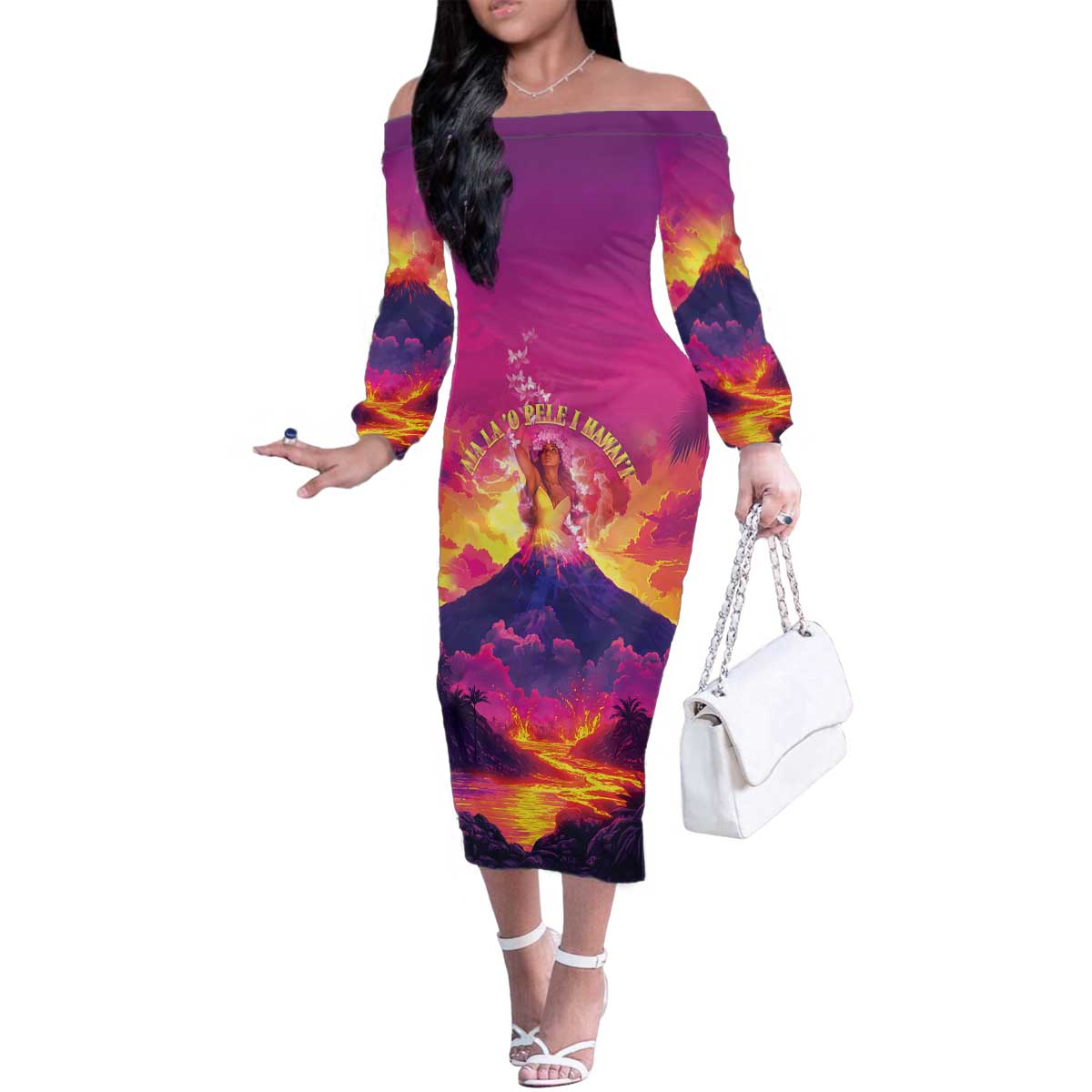 Hawaii Kilauea Volcano Family Matching Off The Shoulder Long Sleeve Dress and Hawaiian Shirt There Is Pele Goddess Of The Volcano LT05 Mom's Dress Purple - Polynesian Pride