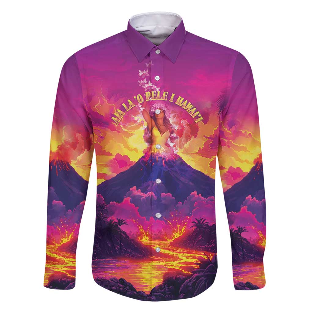 Hawaii Kilauea Volcano Family Matching Off Shoulder Maxi Dress and Hawaiian Shirt There Is Pele Goddess Of The Volcano LT05 Dad's Shirt - Long Sleeve Purple - Polynesian Pride