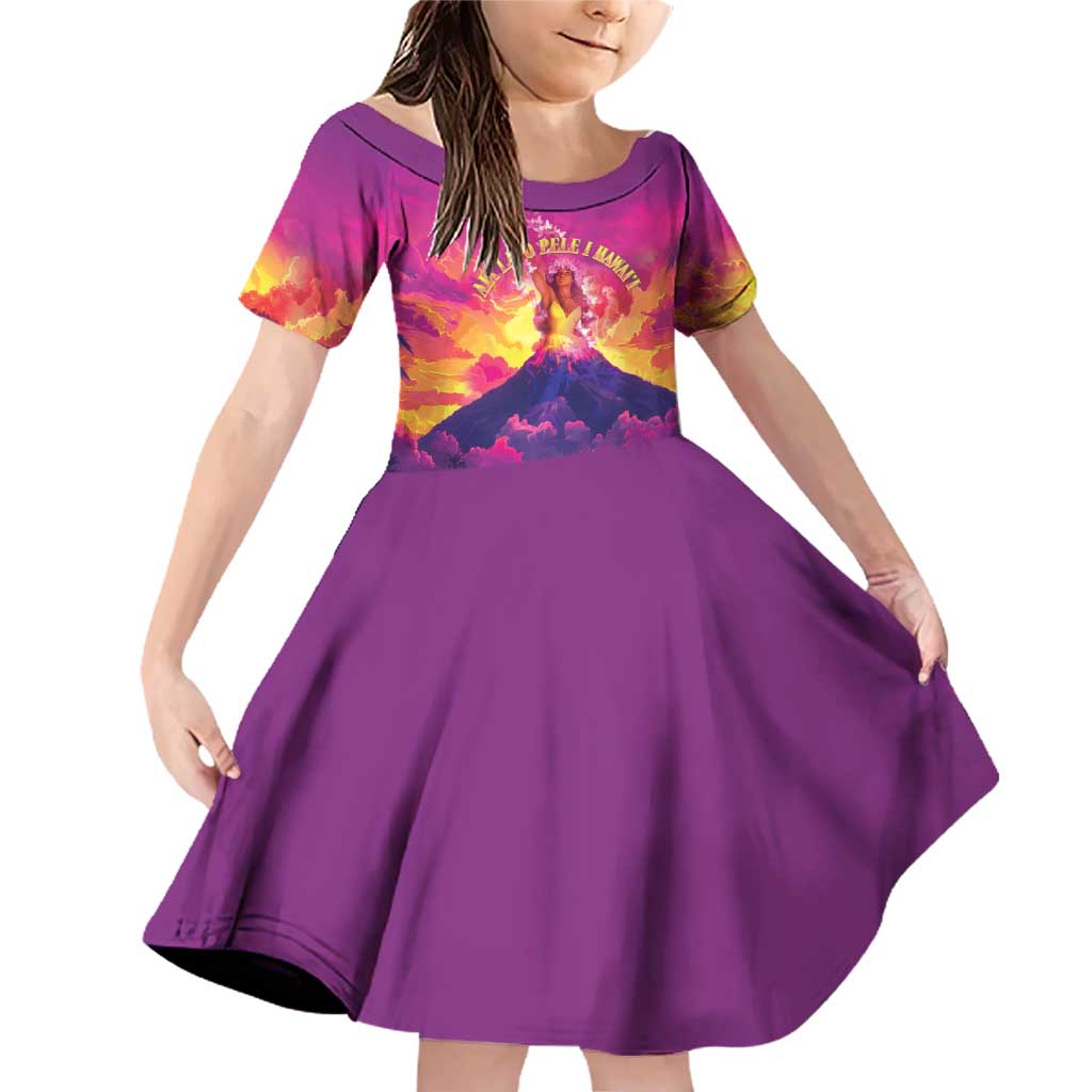 Hawaii Kilauea Volcano Family Matching Off Shoulder Short Dress and Hawaiian Shirt There Is Pele Goddess Of The Volcano LT05 Daughter's Dress Purple - Polynesian Pride