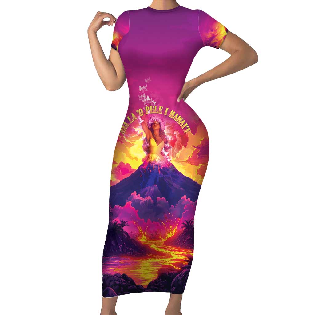 Hawaii Kilauea Volcano Family Matching Short Sleeve Bodycon Dress and Hawaiian Shirt There Is Pele Goddess Of The Volcano LT05 Mom's Dress Purple - Polynesian Pride