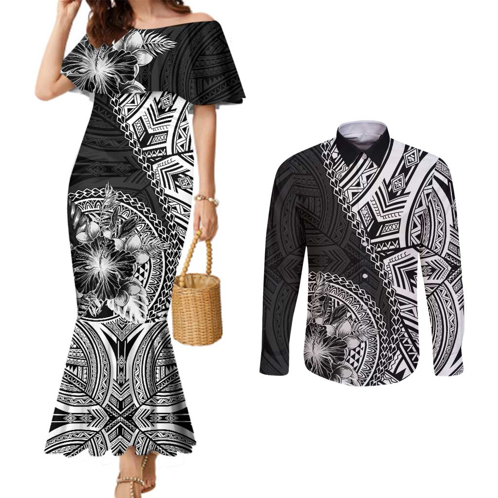 Hibiscus With Black Austronesian Tattoo Pattern Couples Matching Mermaid Dress and Long Sleeve Button Shirt - Polynesian Pride