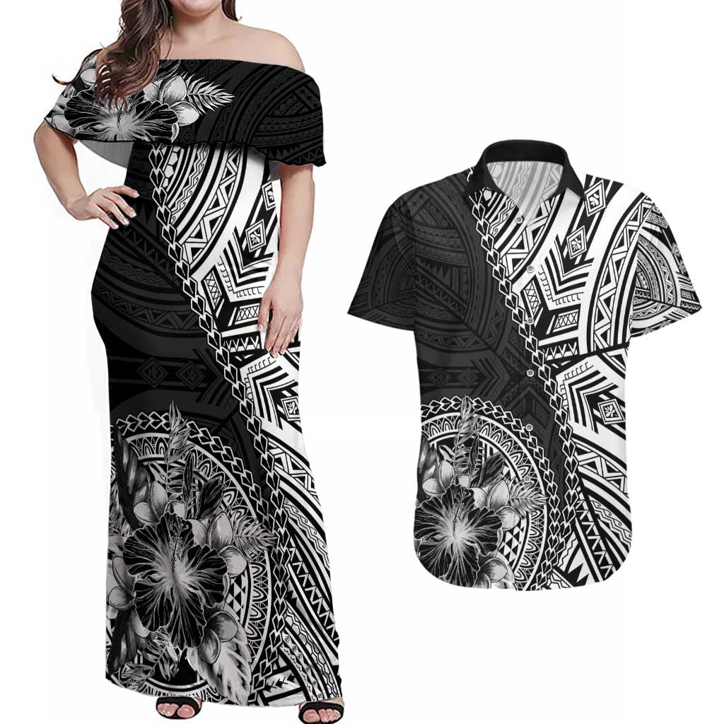 Hibiscus With Black Austronesian Tattoo Pattern Couples Matching Off Shoulder Maxi Dress and Hawaiian Shirt LT05 Black - Polynesian Pride