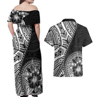 Hibiscus With Black Austronesian Tattoo Pattern Couples Matching Off Shoulder Maxi Dress and Hawaiian Shirt LT05 - Polynesian Pride