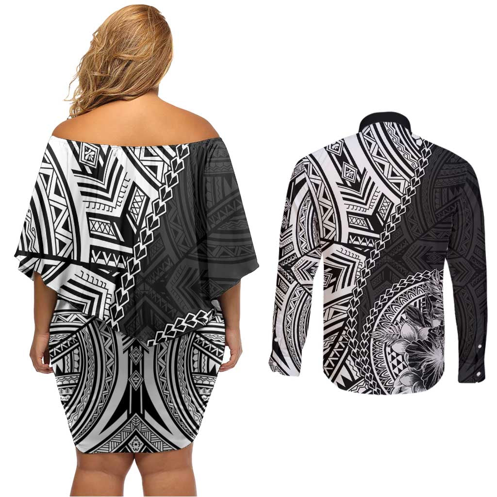 Hibiscus With Black Austronesian Tattoo Pattern Couples Matching Off Shoulder Short Dress and Long Sleeve Button Shirt - Polynesian Pride