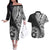 Hibiscus With Black Austronesian Tattoo Pattern Couples Matching Off The Shoulder Long Sleeve Dress and Hawaiian Shirt - Polynesian Pride