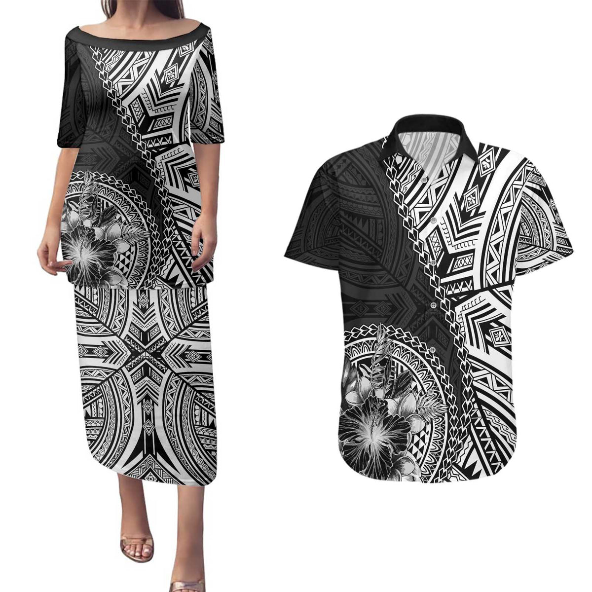 Hibiscus With Black Austronesian Tattoo Pattern Couples Matching Puletasi and Hawaiian Shirt - Polynesian Pride