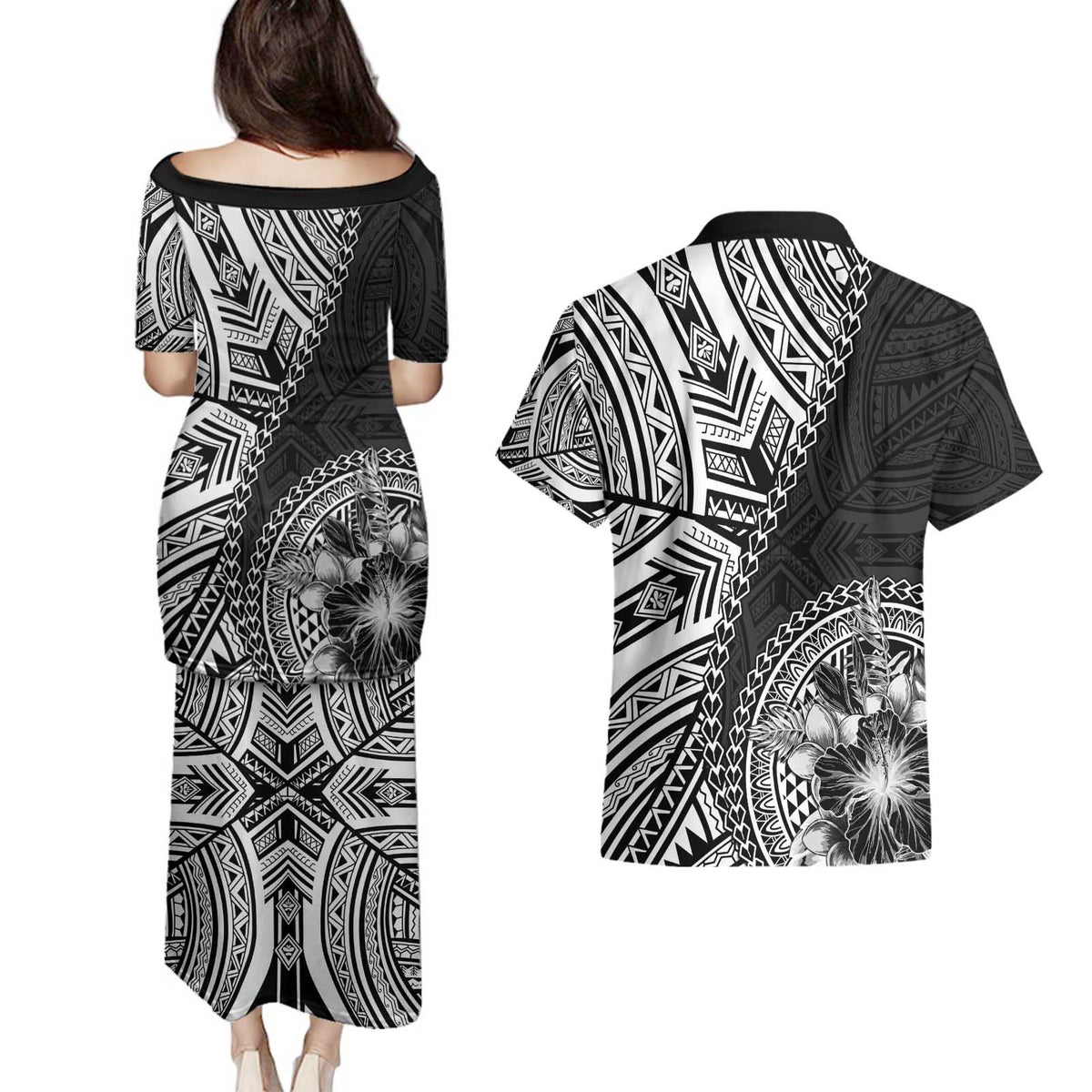 Hibiscus With Black Austronesian Tattoo Pattern Couples Matching Puletasi and Hawaiian Shirt - Polynesian Pride
