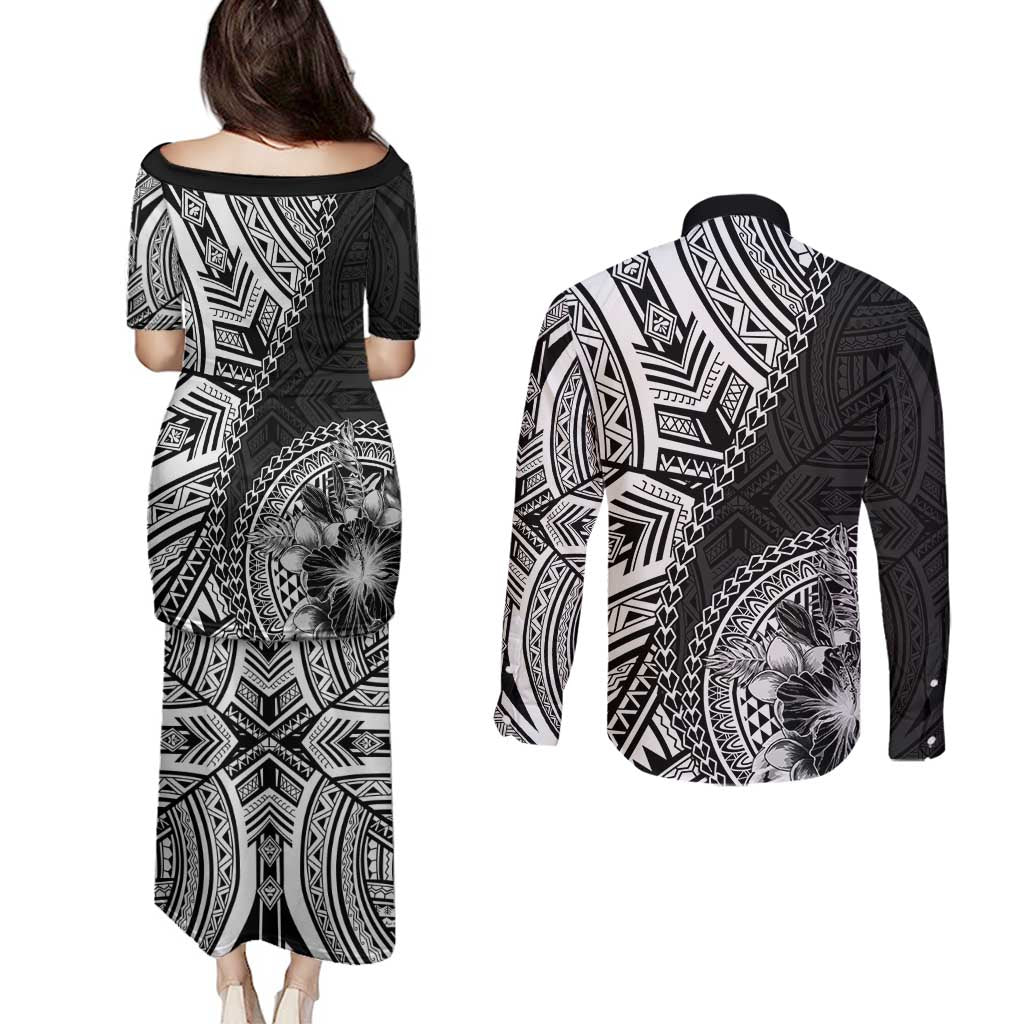 Hibiscus With Black Austronesian Tattoo Pattern Couples Matching Puletasi and Long Sleeve Button Shirt - Polynesian Pride