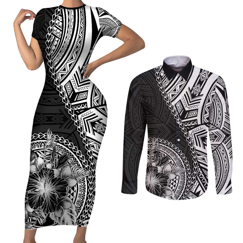Hibiscus With Black Austronesian Tattoo Pattern Couples Matching Short Sleeve Bodycon Dress and Long Sleeve Button Shirt - Polynesian Pride