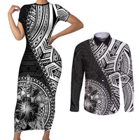 Hibiscus With Black Austronesian Tattoo Pattern Couples Matching Short Sleeve Bodycon Dress and Long Sleeve Button Shirt - Polynesian Pride