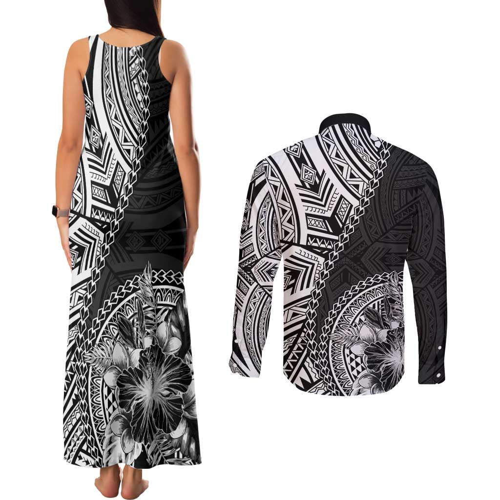 Hibiscus With Black Austronesian Tattoo Pattern Couples Matching Tank Maxi Dress and Long Sleeve Button Shirt - Polynesian Pride