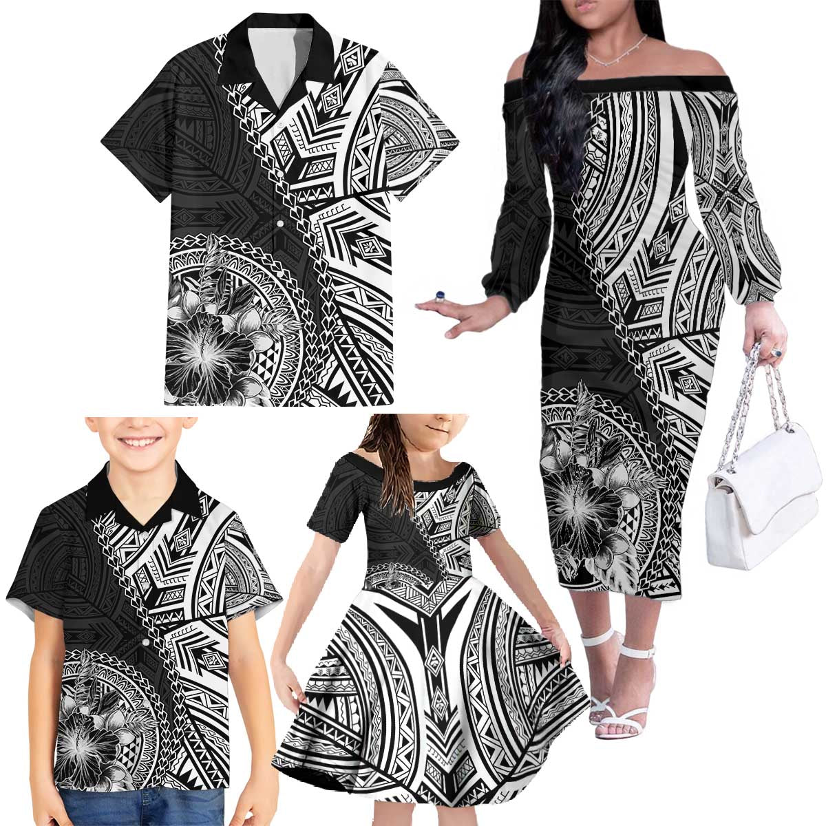 Hibiscus With Black Austronesian Tattoo Pattern Family Matching Off The Shoulder Long Sleeve Dress and Hawaiian Shirt LT05 - Polynesian Pride