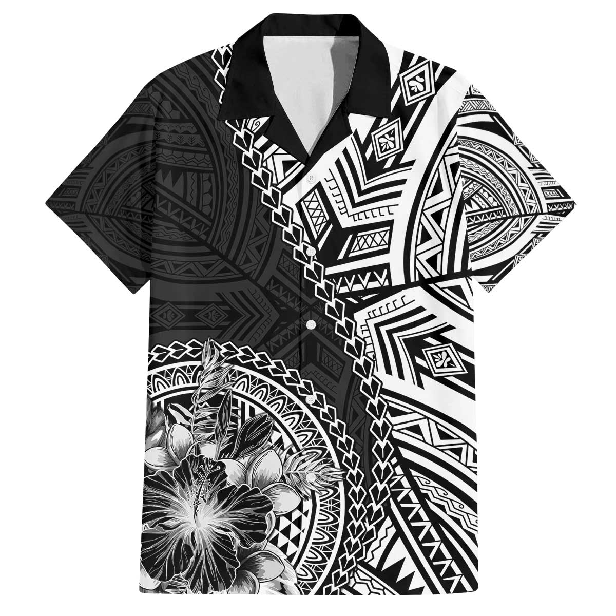 Hibiscus With Black Austronesian Tattoo Pattern Family Matching Off The Shoulder Long Sleeve Dress and Hawaiian Shirt - Polynesian Pride