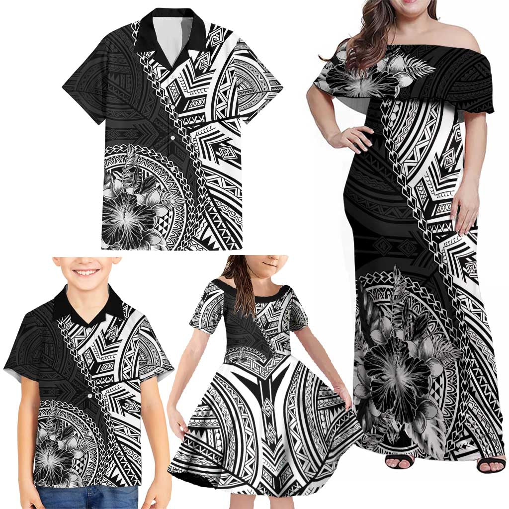 Hibiscus With Black Austronesian Tattoo Pattern Family Matching Off Shoulder Maxi Dress and Hawaiian Shirt LT05 - Polynesian Pride