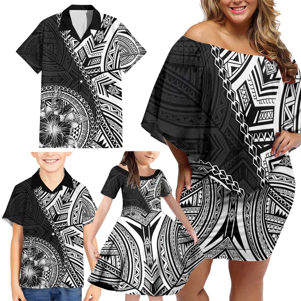 Hibiscus With Black Austronesian Tattoo Pattern Family Matching Off Shoulder Short Dress and Hawaiian Shirt LT05 - Polynesian Pride