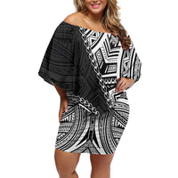 Hibiscus With Black Austronesian Tattoo Pattern Family Matching Off Shoulder Short Dress and Hawaiian Shirt - Polynesian Pride